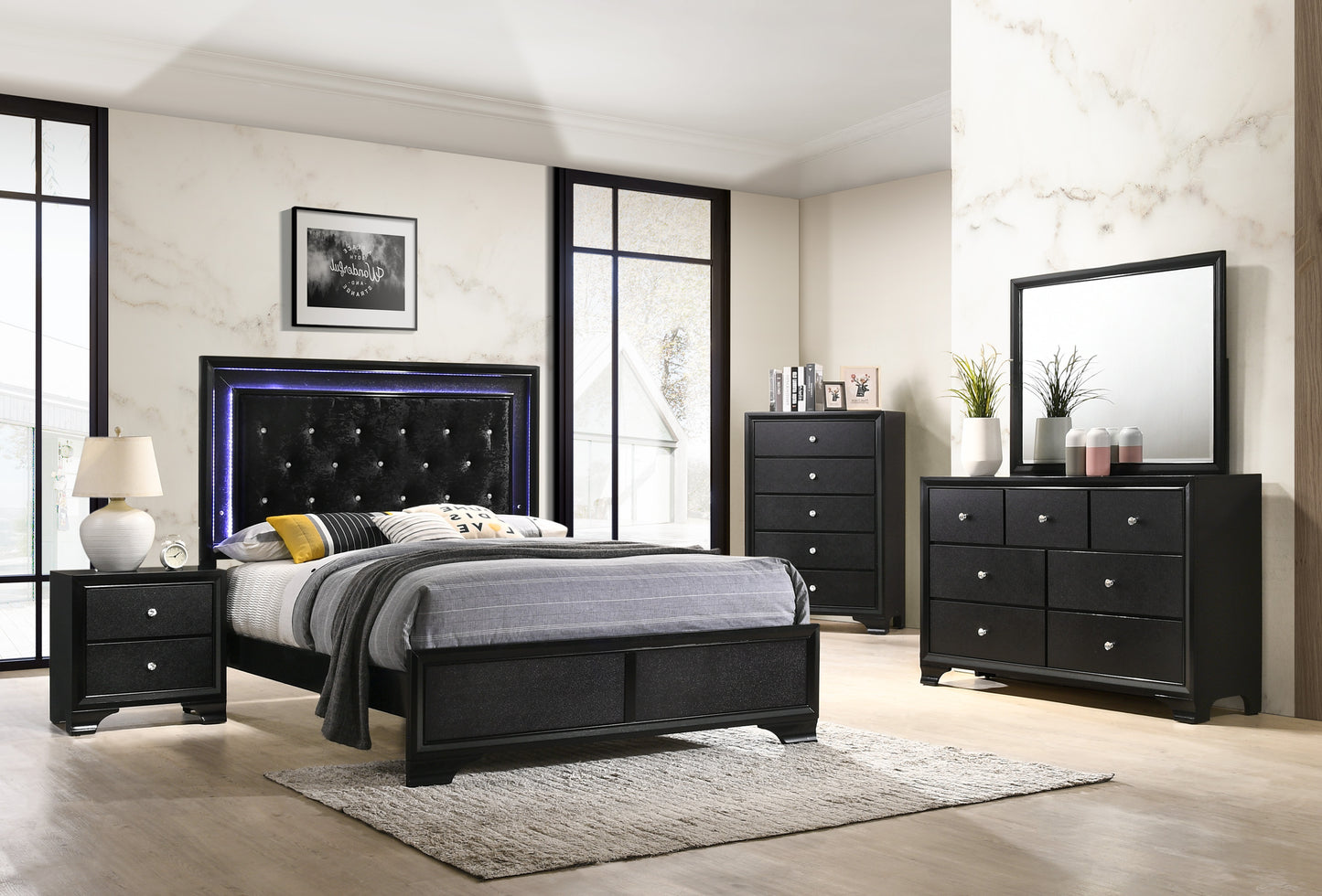 Contemporary LED Queen Size Bed with Faux Diamond Tufting and Black Upholstered Finish