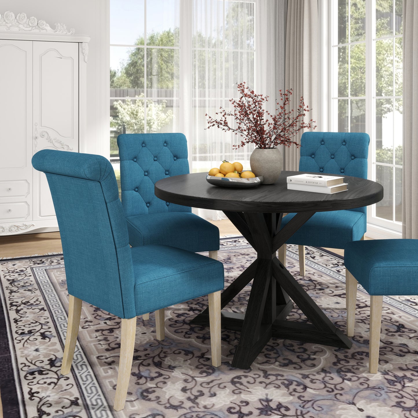 Five Piece Cross Buck Round Table With Tufted Chairs Blue