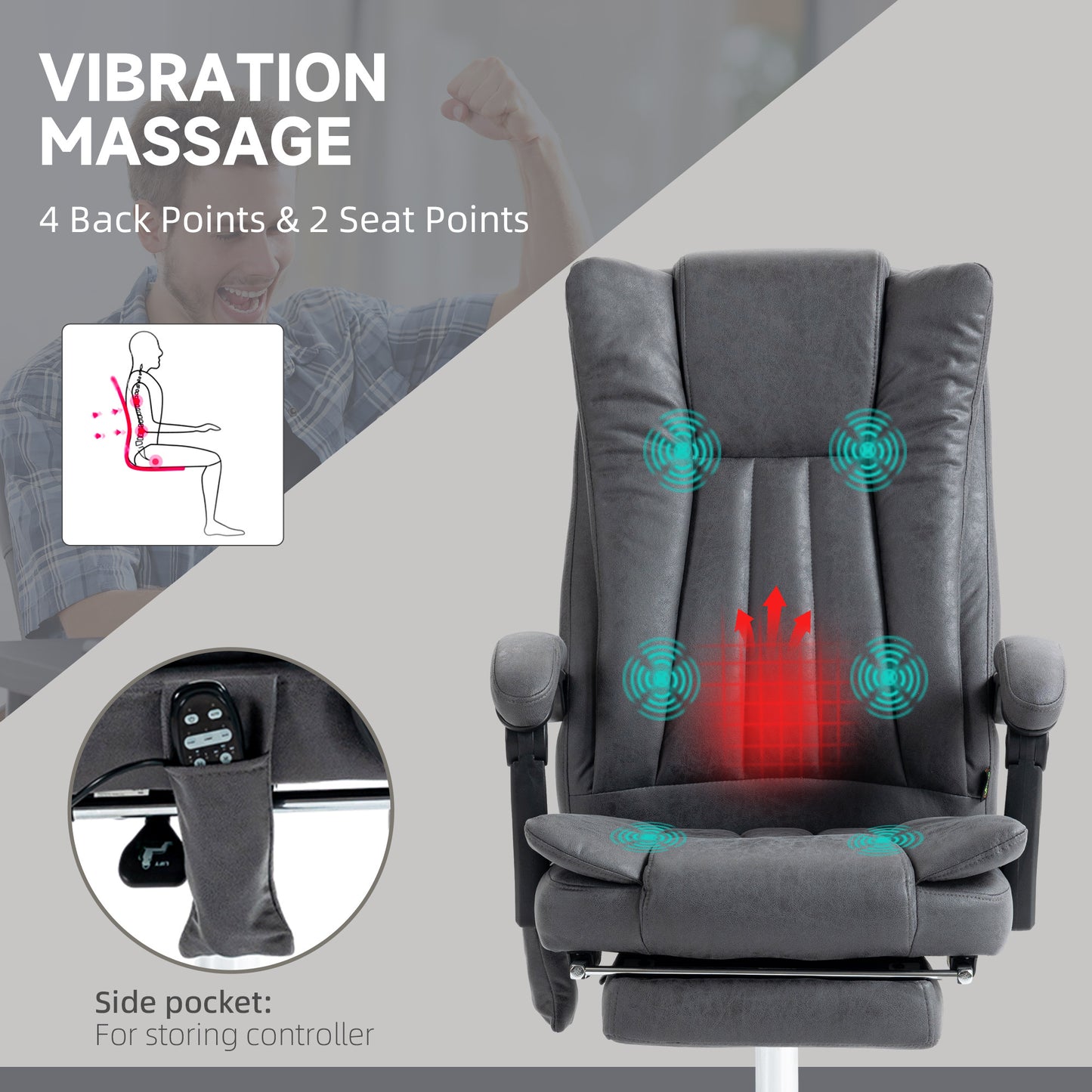 Vinsetto High Back Massage Office Chair with Heat, Adjustable Height, and Footrest - Rock Grey Microfiber