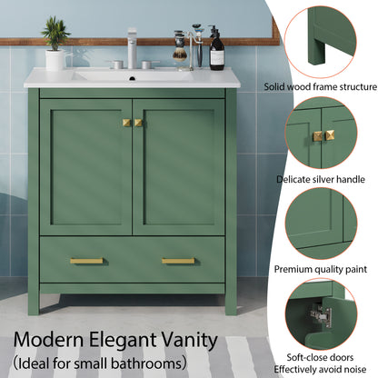 30" Elegant Green Bathroom Storage Vanity with Integrated Undermount Sink and Soft-Close Features