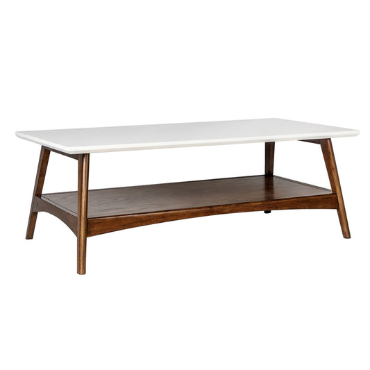 Mid-Century Modern Coffee Table 48x24x17 in, Solid Wood Frame, MDF Top, Shelf, Off-White Top, Pecan