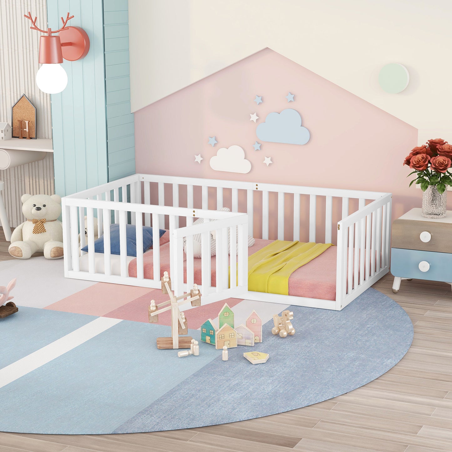 Playful Twin Wooden Floor Bed Frame for Kids with Fence and Door, White