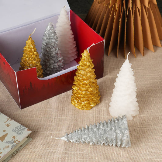 Six Christmas Tree Candles, Soy Wax, 8in L x 1in W x 5.5in H, PDQ Box, Mantel Decor, Gold, Silver & White