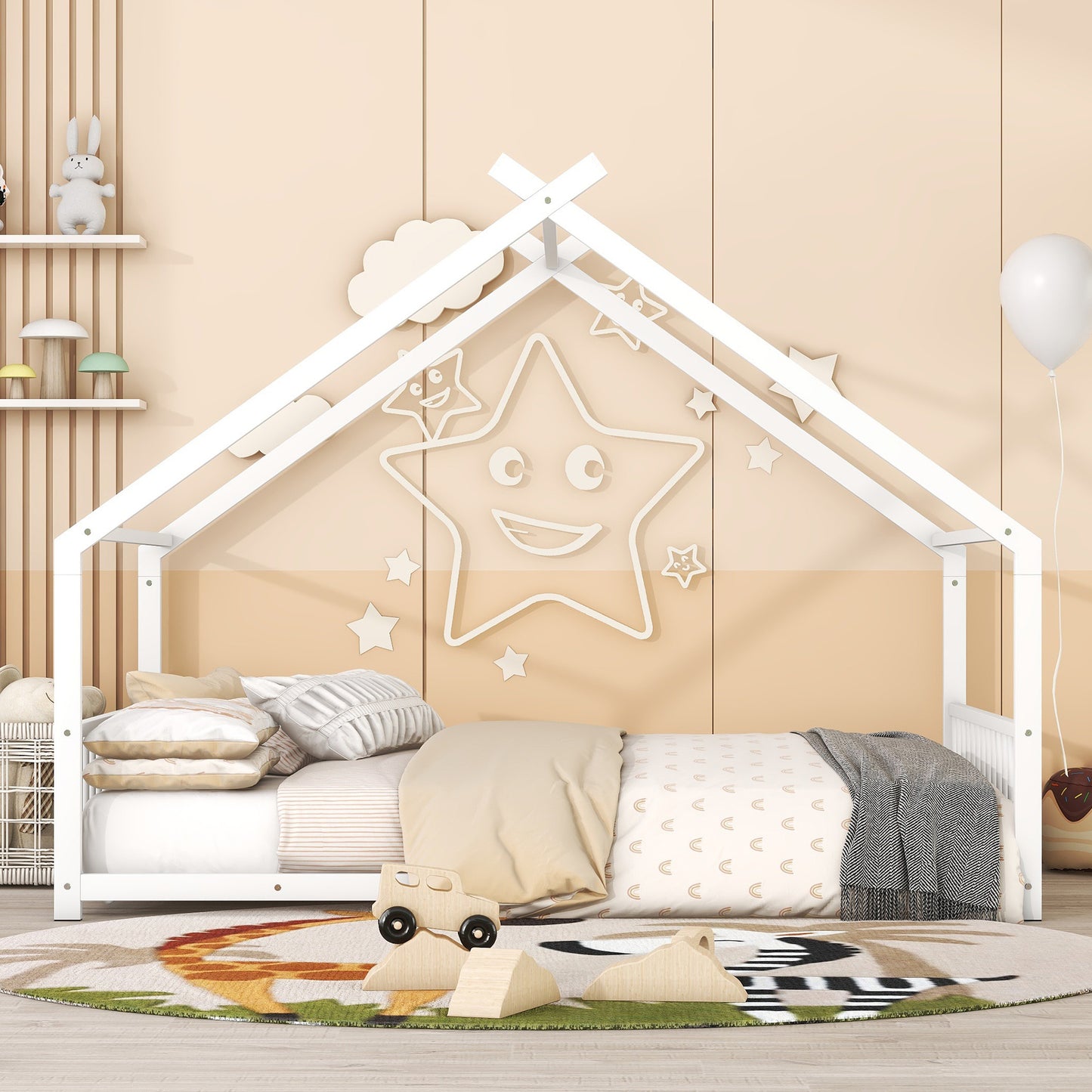 Whimsical White Full Size Metal House Bed for Kids