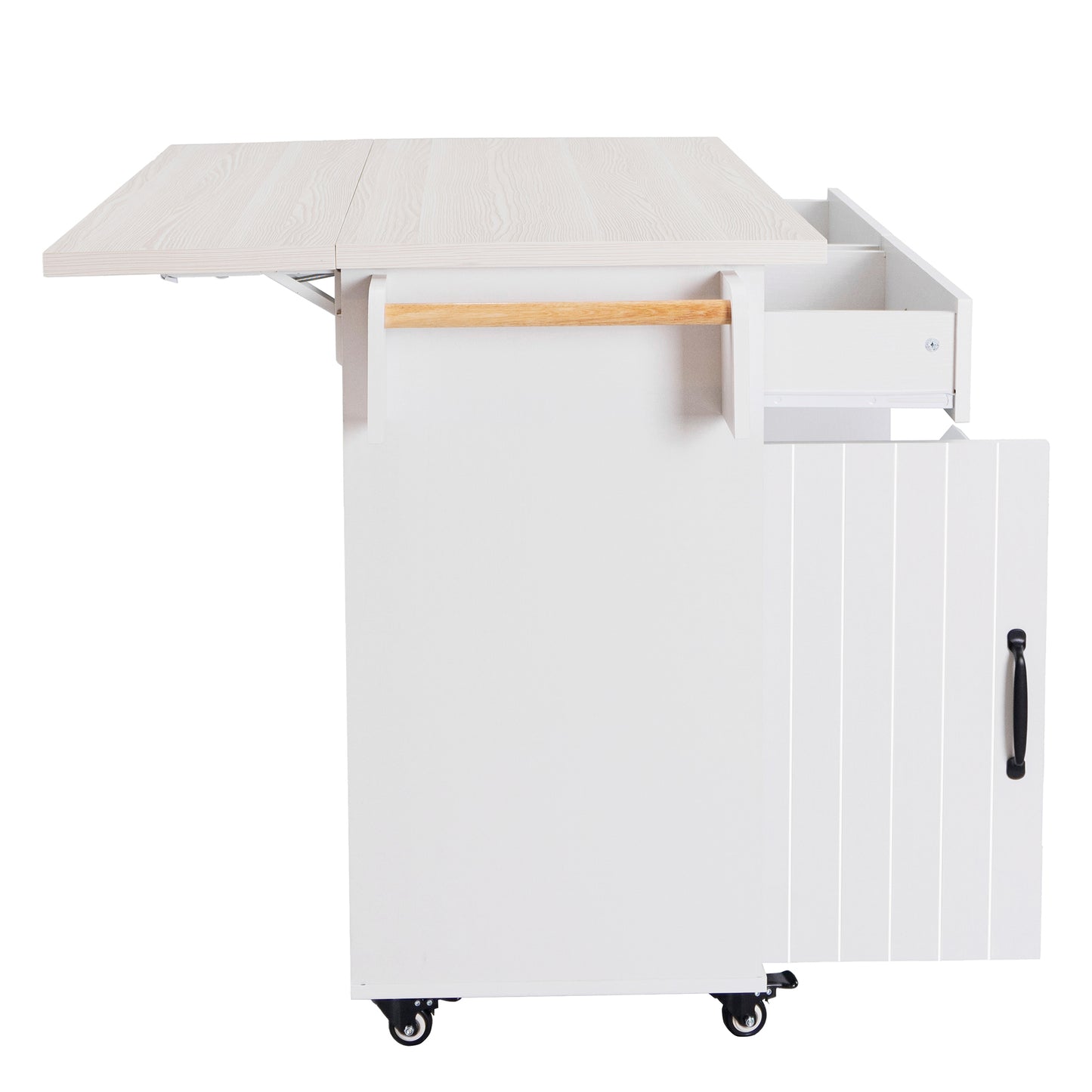 Rolling White Kitchen Island with Drop Leaf and Tilt-out Trash Can Storage, Spice Rack & Towel Rack