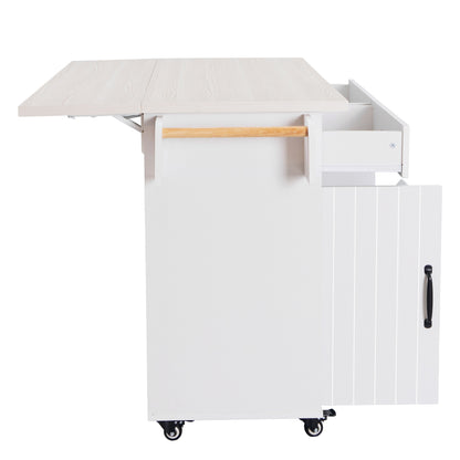 Rolling White Kitchen Island with Drop Leaf and Tilt-out Trash Can Storage, Spice Rack & Towel Rack