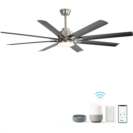 66-Inch Ceiling Fan with Dimmable LED Light, Smart Remote, DC Motor, 8 ABS Blades, Reversible, Nickel