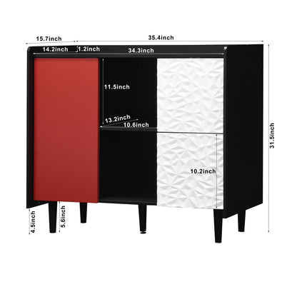 Sideboard Buffet Cabinet, Black Storage Cabinet with Red Doors , 2 Drawers with unique panel styling and 2 Open Storage Compartment, Modern Coffee Bar Cabinet Accent Cabinet for Kitchen, Dining Room,