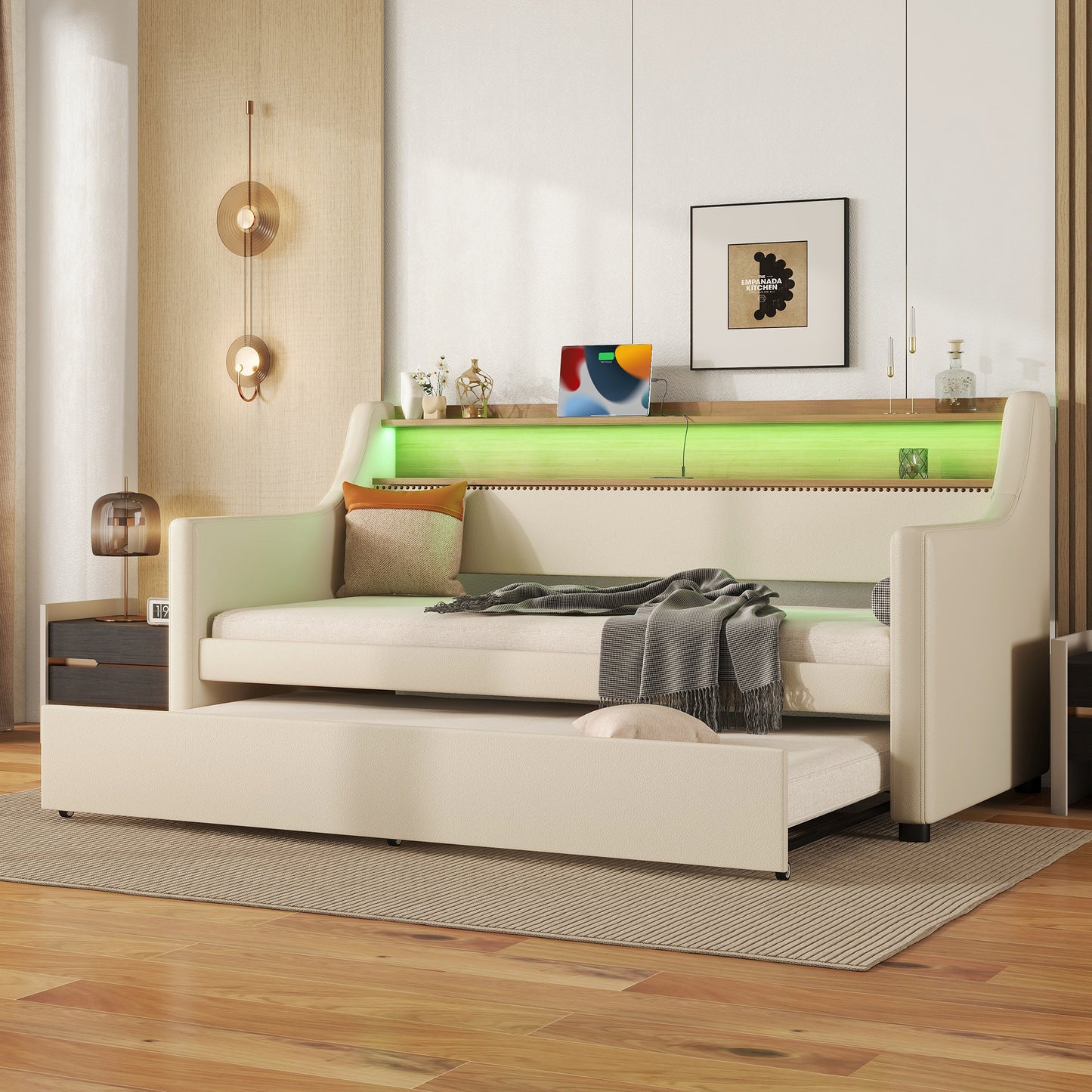 Beige Twin Size Upholstered Daybed with Trundle, USB Charging Station & LED Lighting