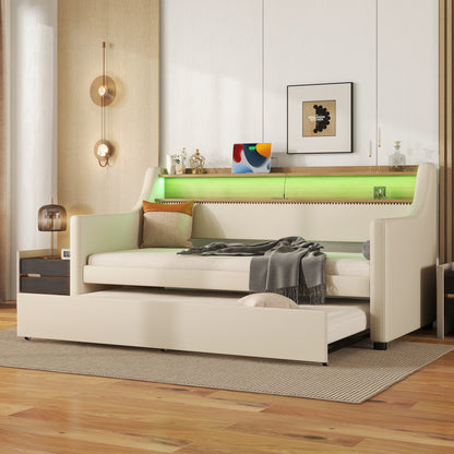 Beige Twin Size Upholstered Daybed with Trundle, USB Charging Station & LED Lighting