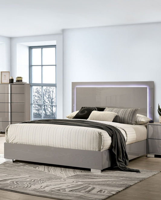 Eastern King Bed Frame with LED Headboard - Contemporary, Engineered Wood & Metal, UV Finish taupe