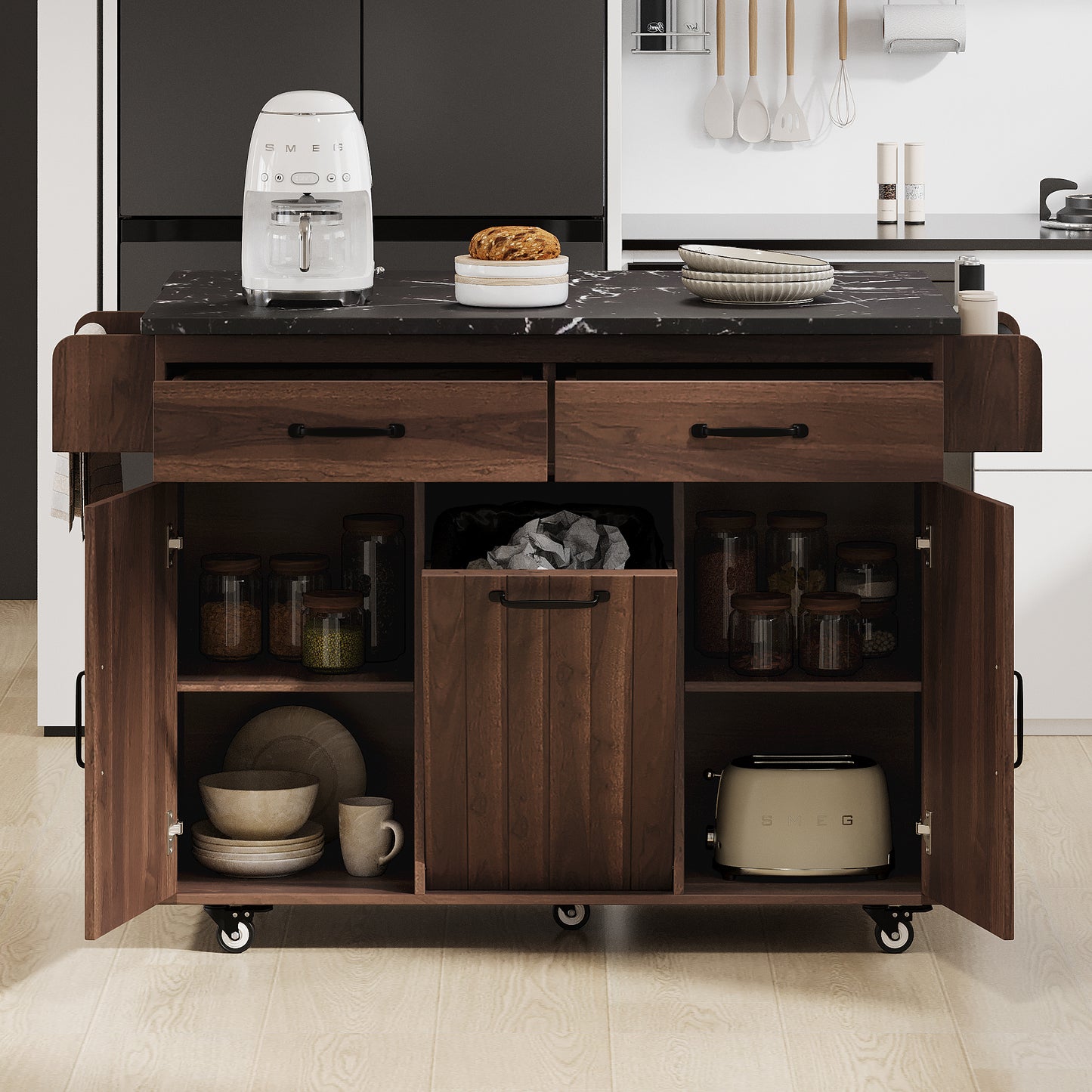 Walnut Brown Rolling Kitchen Island with Drop Leaf, Trash Can Storage, Spice & Towel Racks, and Adjustable Shelves