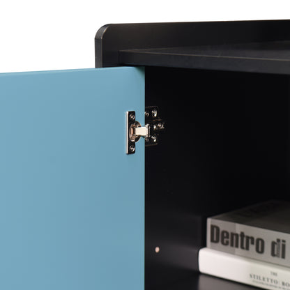 Sideboard Buffet Cabinet, Black Storage Cabinet with Red Doors , 2 Drawers with unique panel styling and 2 Open Storage Compartment, Modern Coffee Bar Cabinet Accent Cabinet for Kitchen, Dining Room,