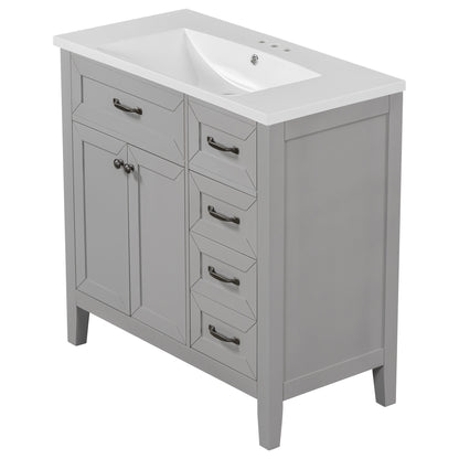 36-Inch Grey Bathroom Vanity Set with Ceramic Sink and Storage Drawers