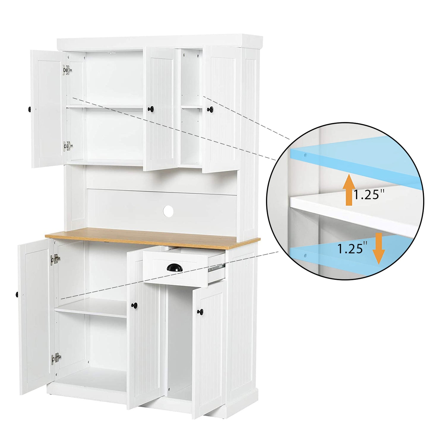 Modern 71" Freestanding Kitchen Storage Cabinet with Adjustable Shelves and Microwave Countertop - White