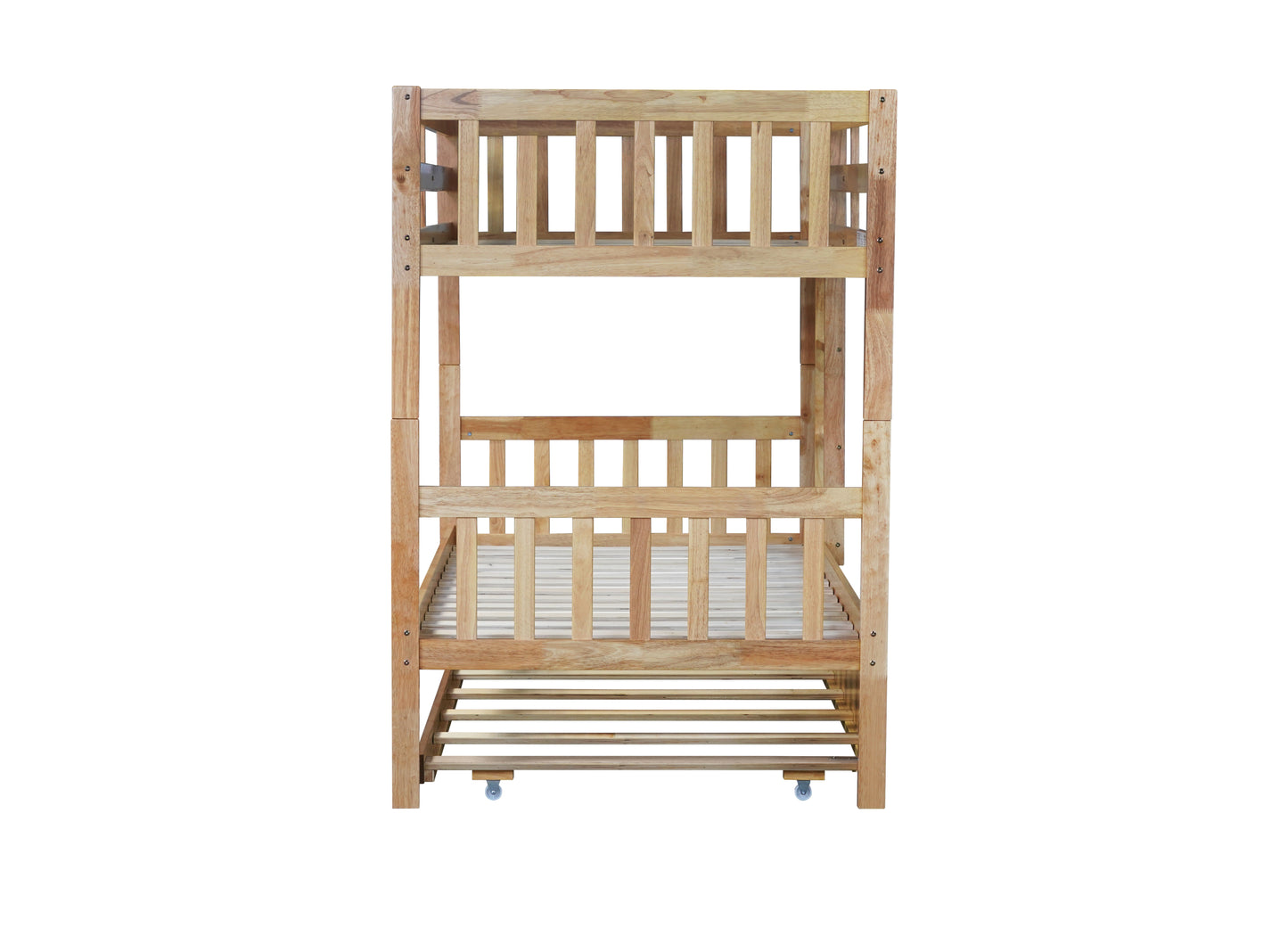 Convertible Twin Over Twin Bunk Bed with Trundle, Rubber Wood Design, Ladder & Safety Guardrails, Natural Finish