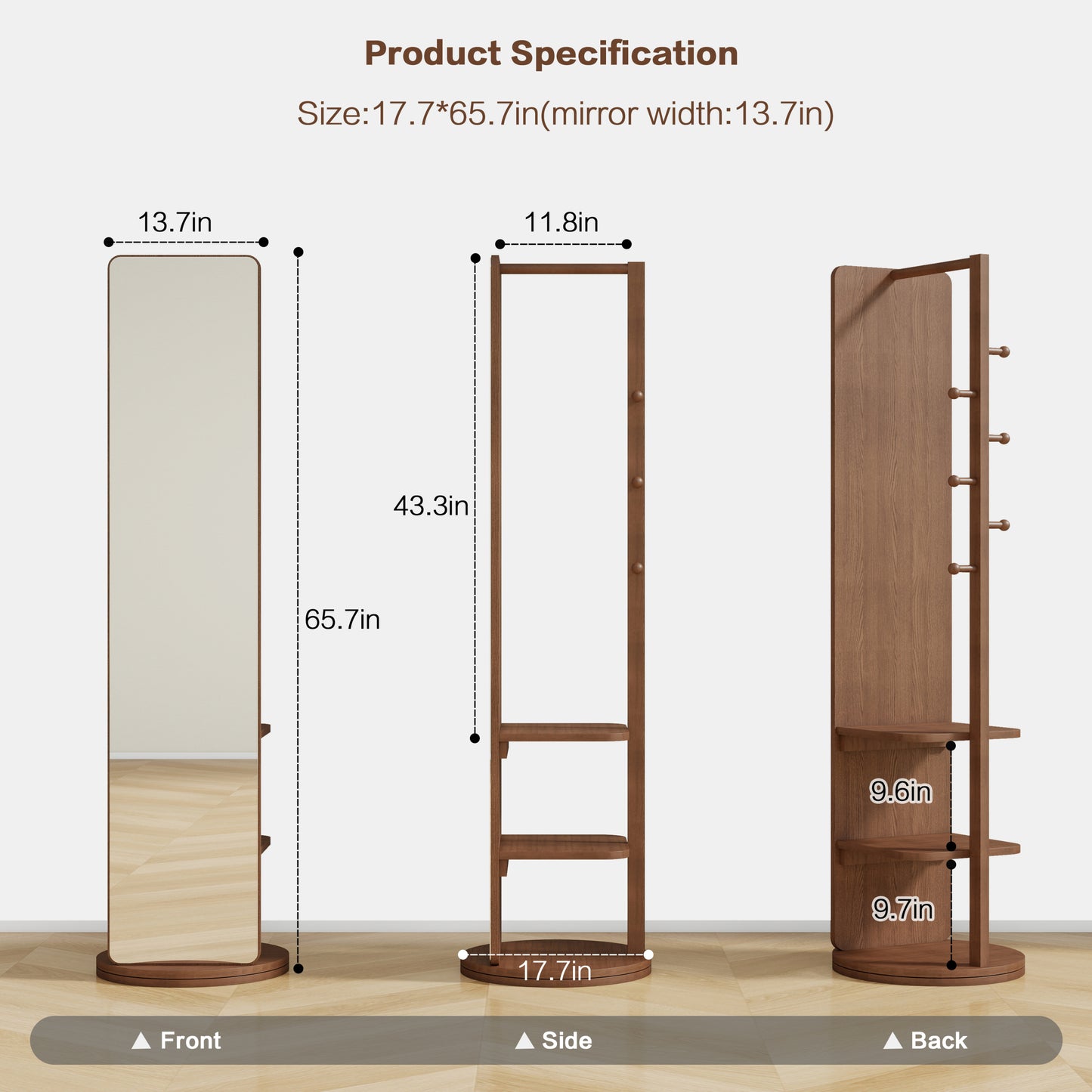 Walnut Full-Length Solid Wood Mirror with Hanger - 65.7"x17.7" - Elegant Space-Saving Design for Bedroom/Living Room