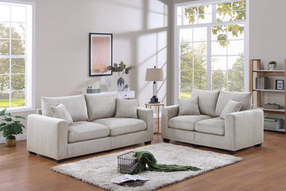 2-Piece Living Room Sofa Set, Corduroy, 77in Sofa & 61in Loveseat, Plush Cushions, Square Arms, Ivory