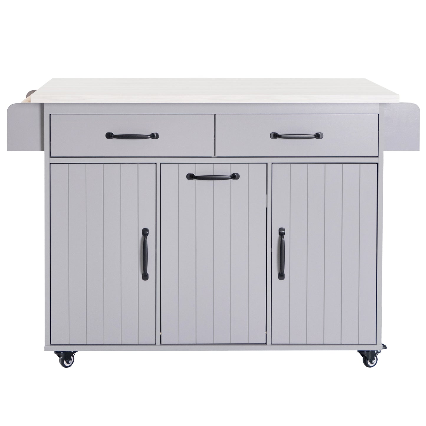 Grey Rolling Kitchen Island with Drop Leaf and Trash Can Storage, Spice Rack, Towel Rack, and Adjustable Shelves