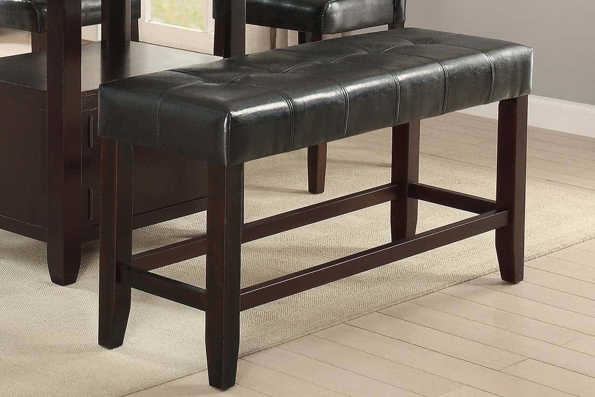 Counter Height 48in Dining Bench, Faux Leather Tufted Seat, Rubberwood Base, Farmhouse Dining Room Black Brown Finish