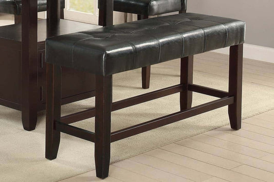 Counter Height 48in Dining Bench, Faux Leather Tufted Seat, Rubberwood Base, Farmhouse Dining Room Black Brown Finish