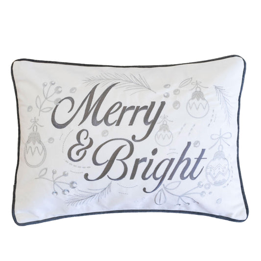 Christmas Throw Pillow 14x20, Embroidered Velvet Lumbar Cushion, Elegant Script, Decor White and Silver