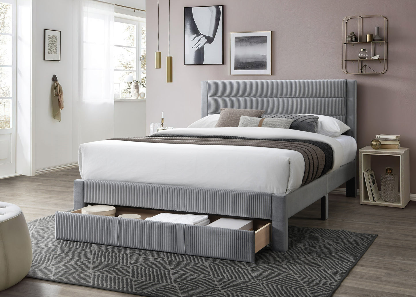Elegant Gray Corduroy Queen Size Bed Frame with Storage Drawer and Modern Design