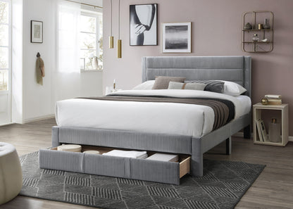 Elegant Gray Corduroy Queen Size Bed Frame with Storage Drawer and Modern Design