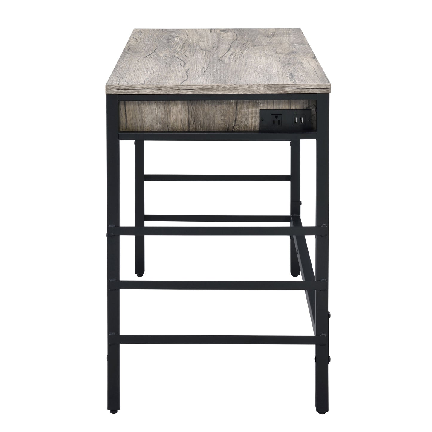 Modern Black and Weathered Oak Office Writing Desk with USB Ports and Drawers