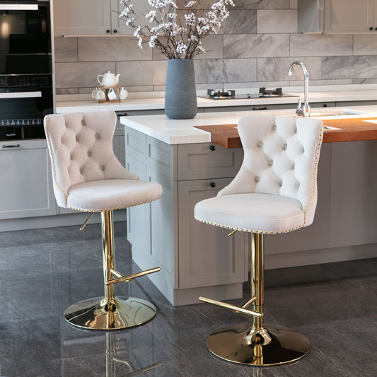 Beige Velvet Bar Stools Tufted Back Adjustable 25 33 Set 2