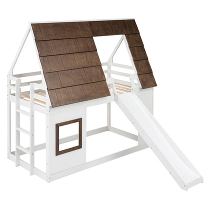 Wooden Twin House Bunk Bed with Roof, Ladder, and Slide in White and Brown