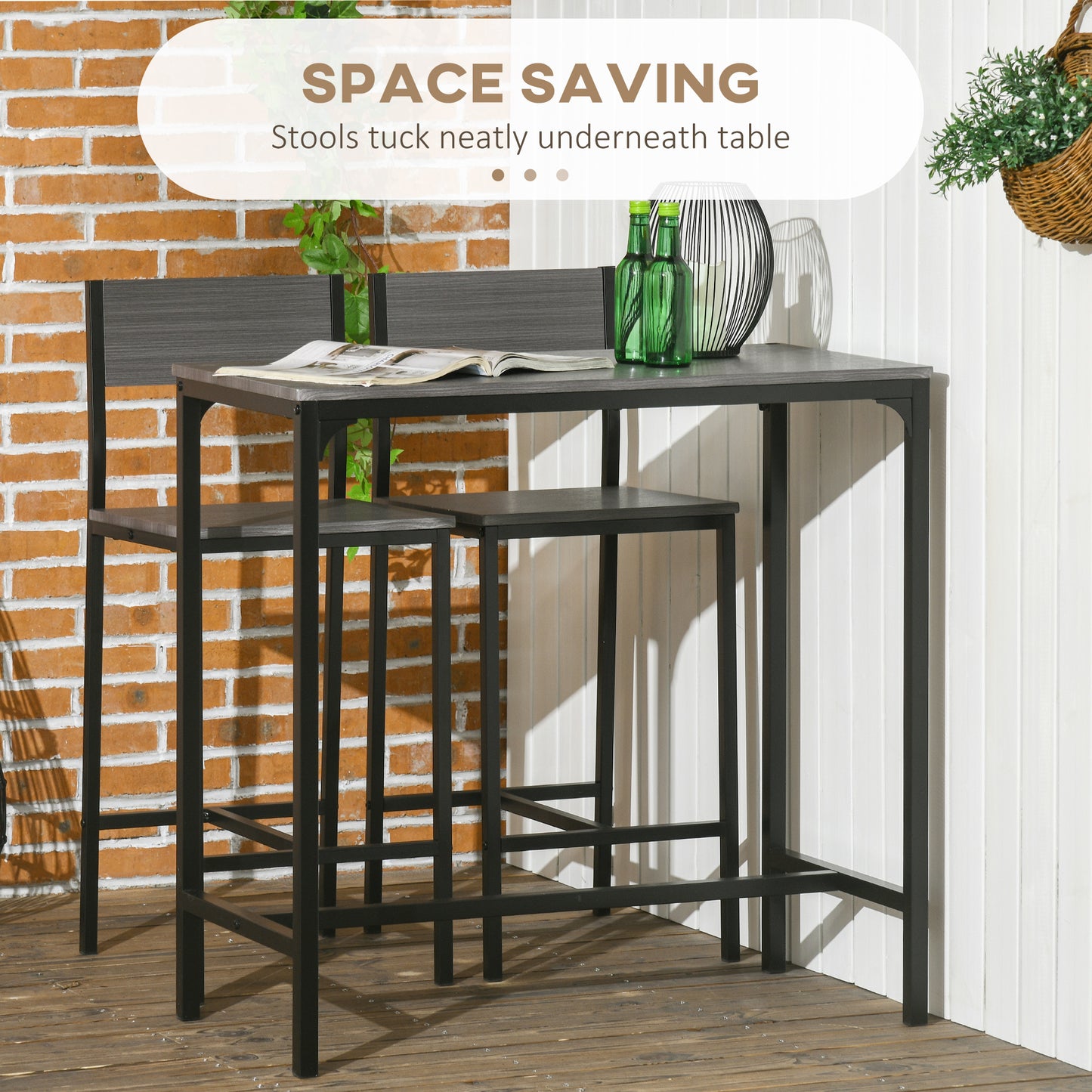 3-Piece Counter-Height Bar Table and Stools Set, Industrial MDF Dining, Kitchen Nook Gray