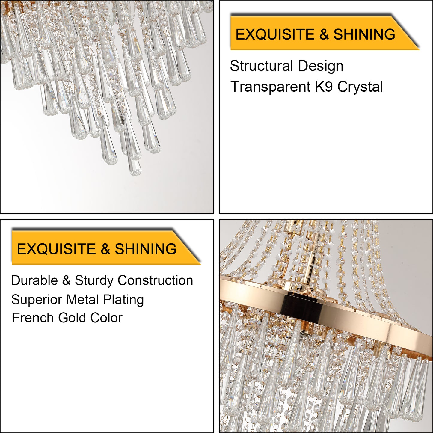 Crystal Chandelier, Modern Luxury Pendant Ceiling Light, 11-Light, 19.7 in Dia, Iron & K9 Crystal - Gold