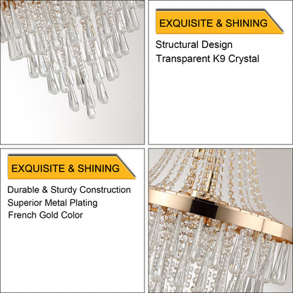 Crystal Chandelier, Modern Luxury Pendant Ceiling Light, 11-Light, 19.7 in Dia, Iron & K9 Crystal - Gold