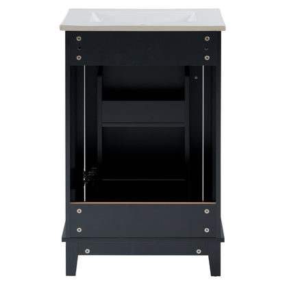 Compact 20-Inch Black Bathroom Vanity Cabinet with Ceramic Sink - Modern Design, Ample Storage, Soft-Close Door
