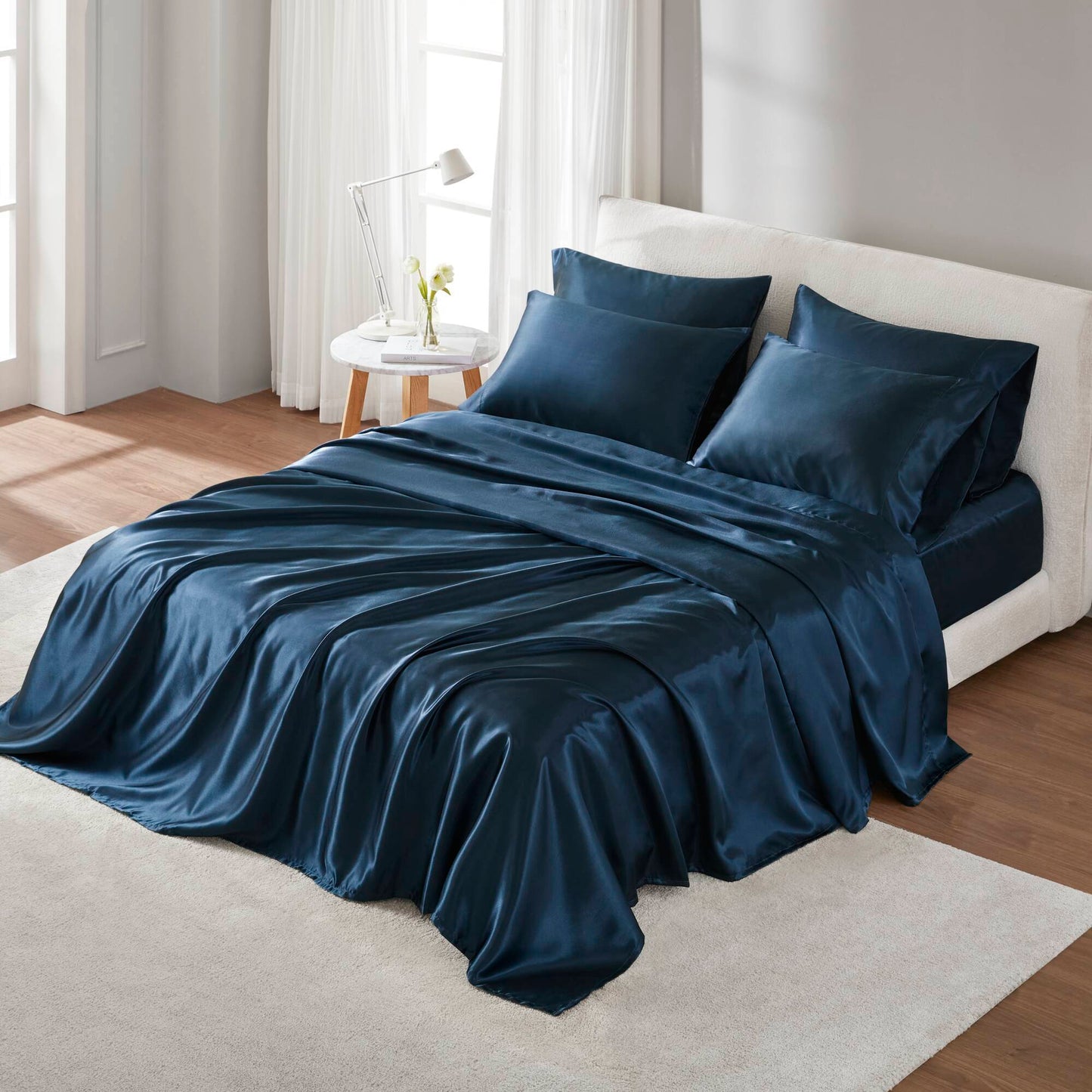 Twin Satin Sheet Set, Flat 66x96, Fitted 39x75 up to 16in, 2 Pillowcases, 100% Polyester Satin, Dark Blue