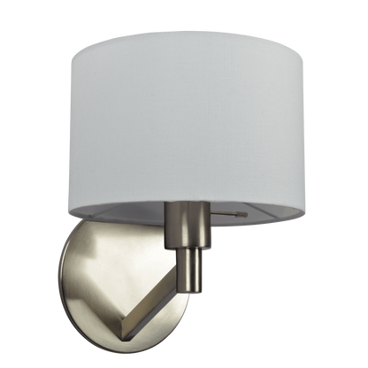 Modern Wall Lamp with Rotary Switch, 9x10x11, White Fabric Shade, Metal Base, Living Room Brushed Nickel