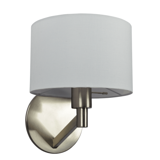 Modern Wall Lamp with Rotary Switch, 9x10x11, White Fabric Shade, Metal Base, Living Room Brushed Nickel