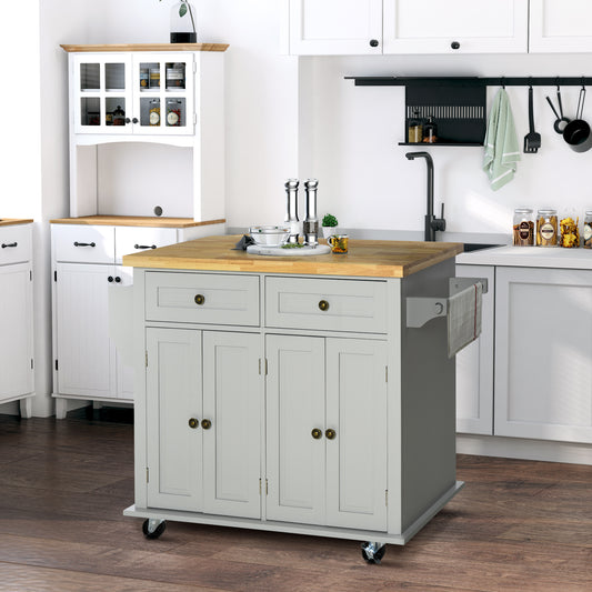 Rolling Kitchen Island Cart with Rubberwood Top and Storage - Grey Mobile Island with Spice Rack and Towel Holder