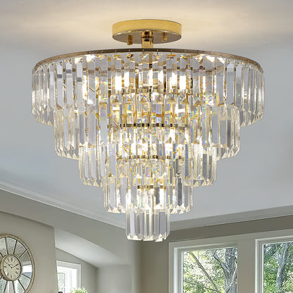 5-Tier Round Crystal Chandelier, Semi-Flush Mount, Living Room/Dining Hallway, 19.3x19.7in, Gold