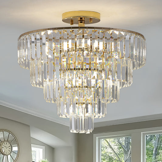 5-Tier Round Crystal Chandelier, Semi-Flush Mount, Living Room/Dining Hallway, 19.3x19.7in, Gold