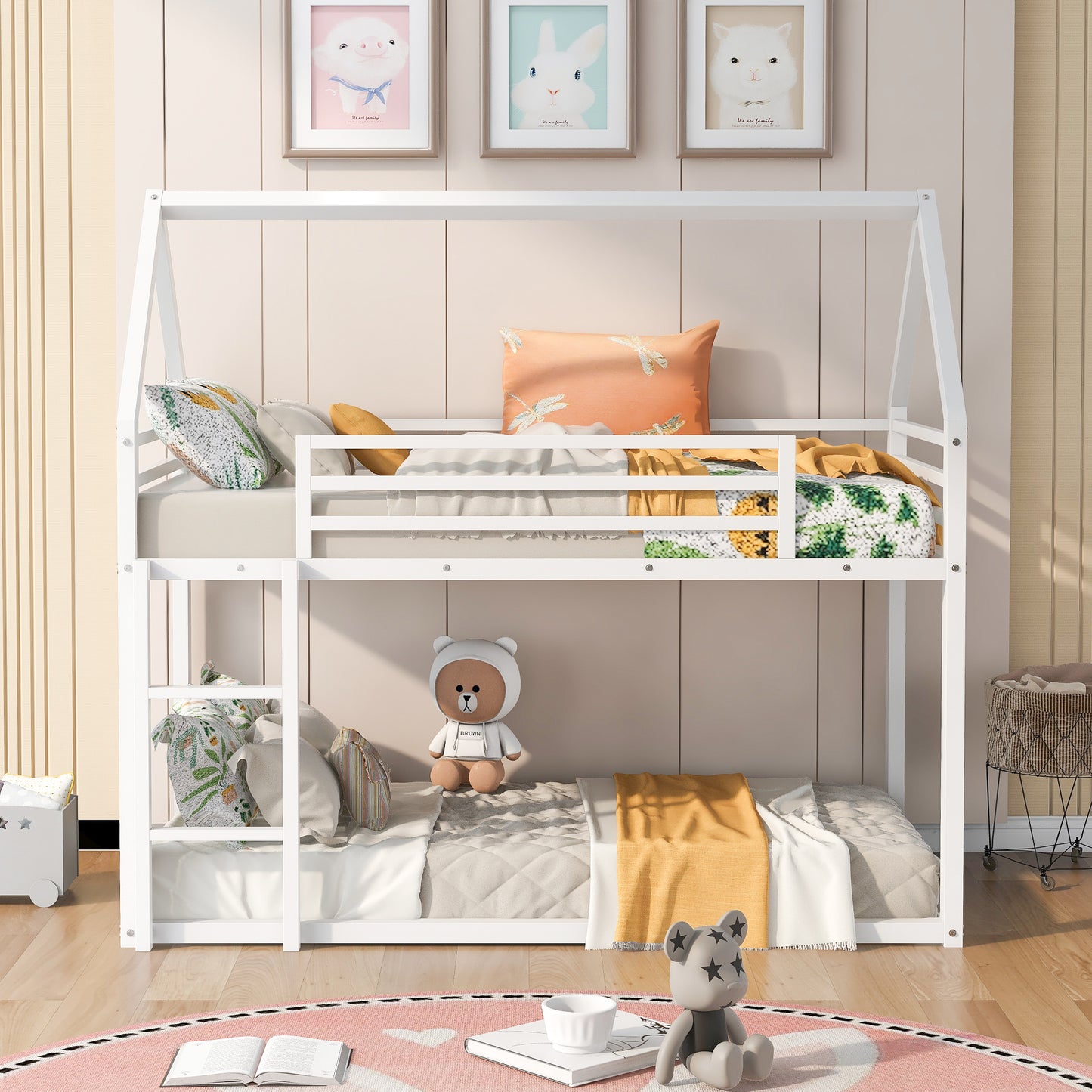 Whimsical Twin House Bunk Bed with Slide and Built-in Ladder in White