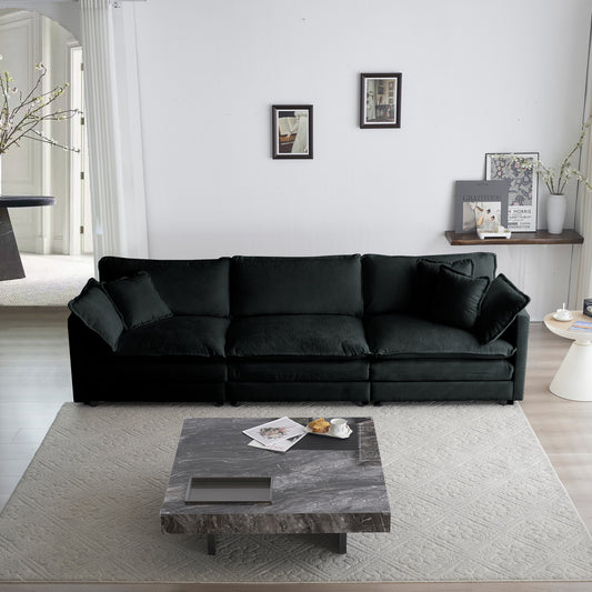 3-Seater Mid-Century Modern Sofa with 2 Armrest Pillows & 3 Toss Pillows, Chenille Upholstery Black