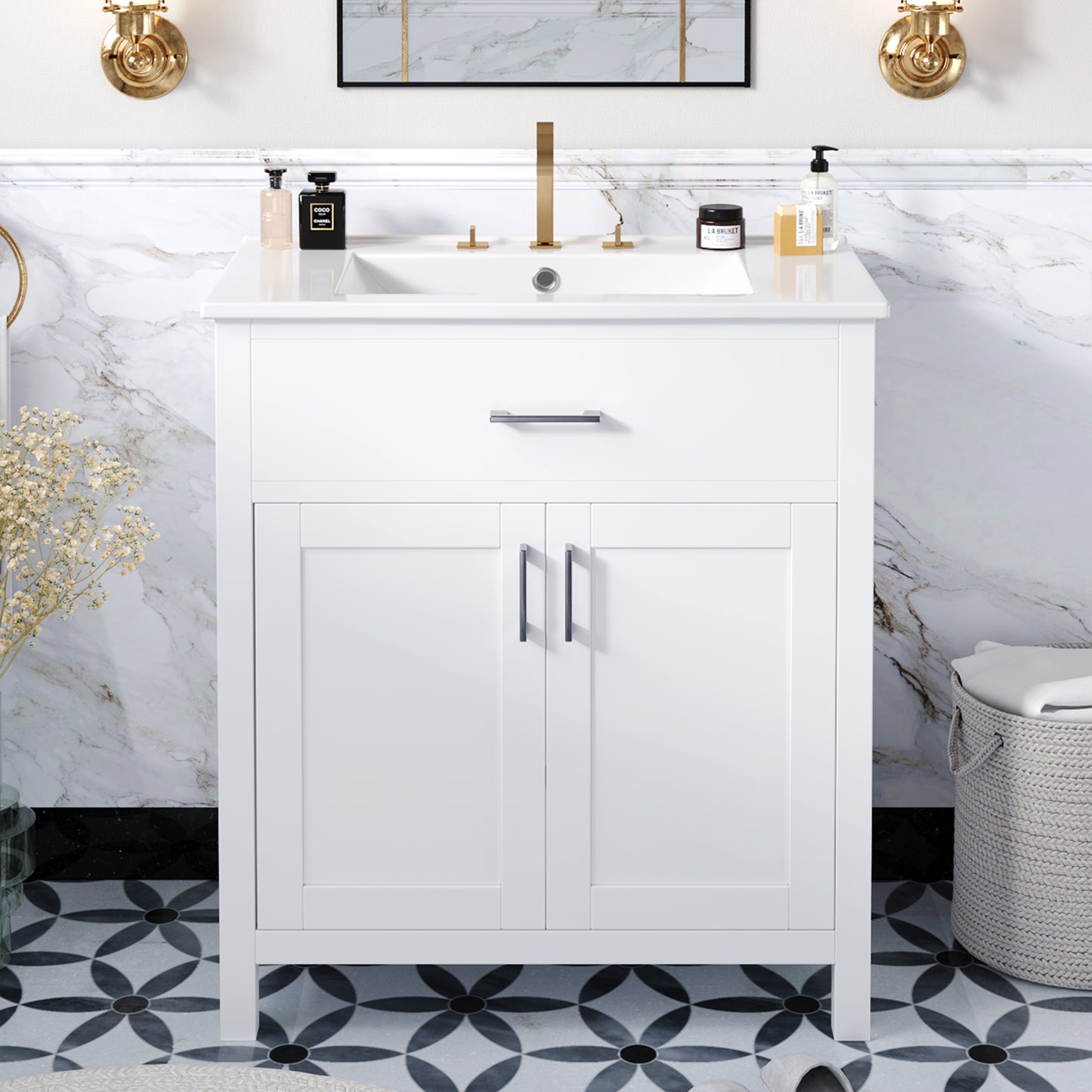 Elegant 30-Inch White Bathroom Vanity with Ceramic Sink and Ample Storage for Compact Spaces