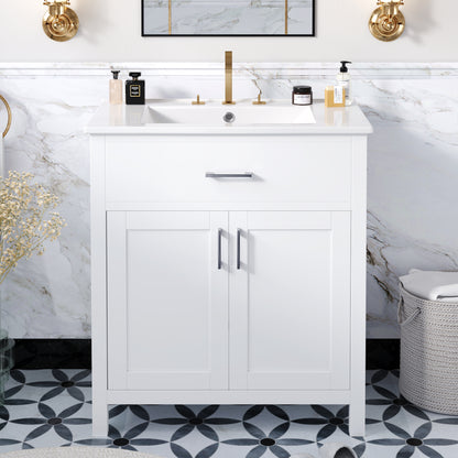 Elegant 30-Inch White Bathroom Vanity with Ceramic Sink and Ample Storage for Compact Spaces