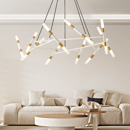 Branch Chandelier, Frosted Tubes, Adjustable Height, Dining Room or Kitchen Island White & Golden