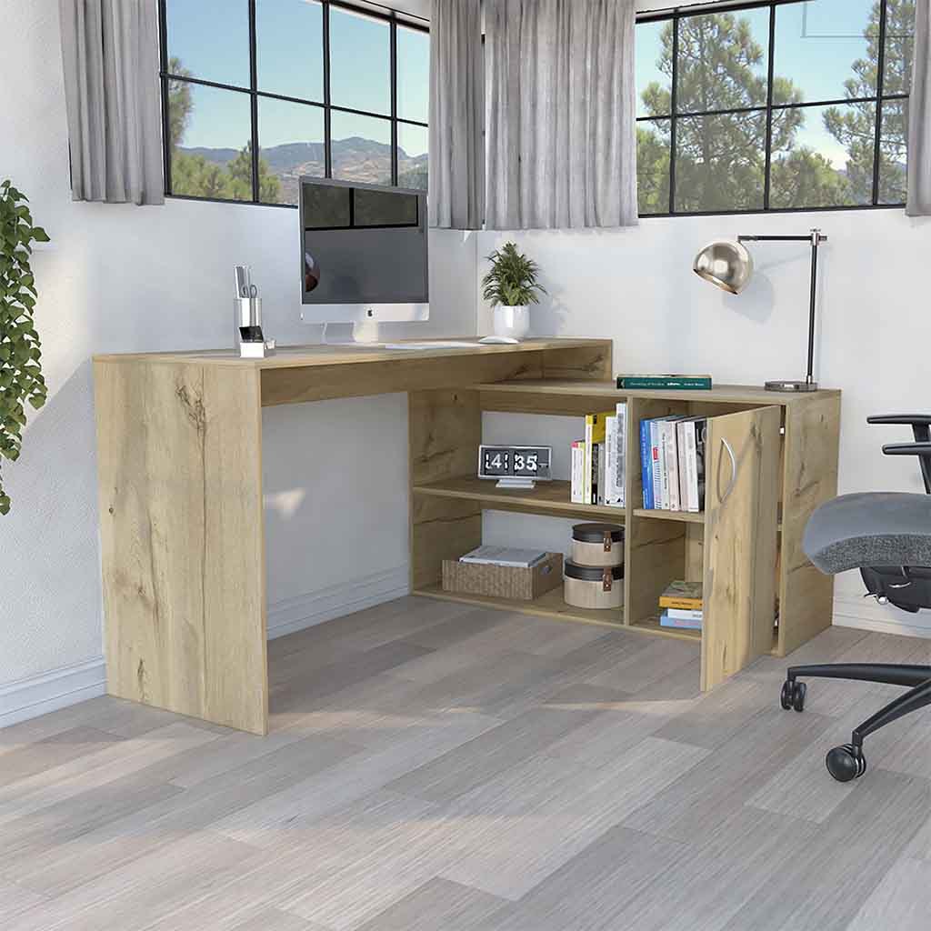 L-Shaped Modern Computer Desk with Versatile Storage - Light Oak Finish