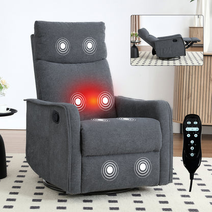 Massaging Manual Recliner with 360° Swivel, Rocker, Lumbar Heat, Fabric for Living Room Grey