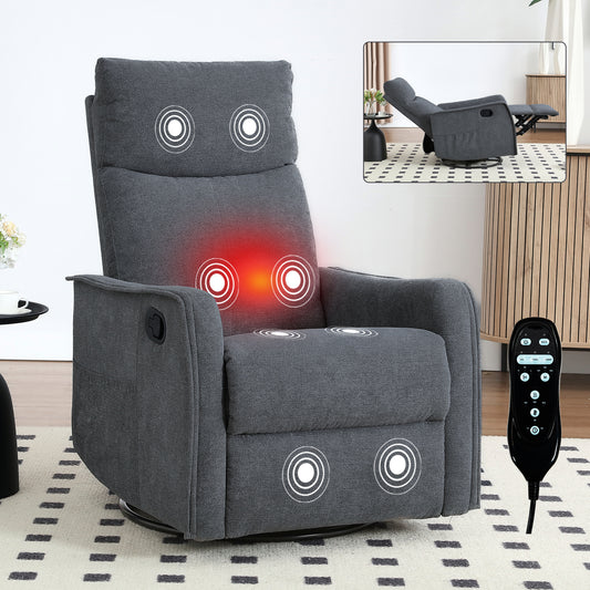 Massaging Manual Recliner with 360° Swivel, Rocker, Lumbar Heat, Fabric for Living Room Grey