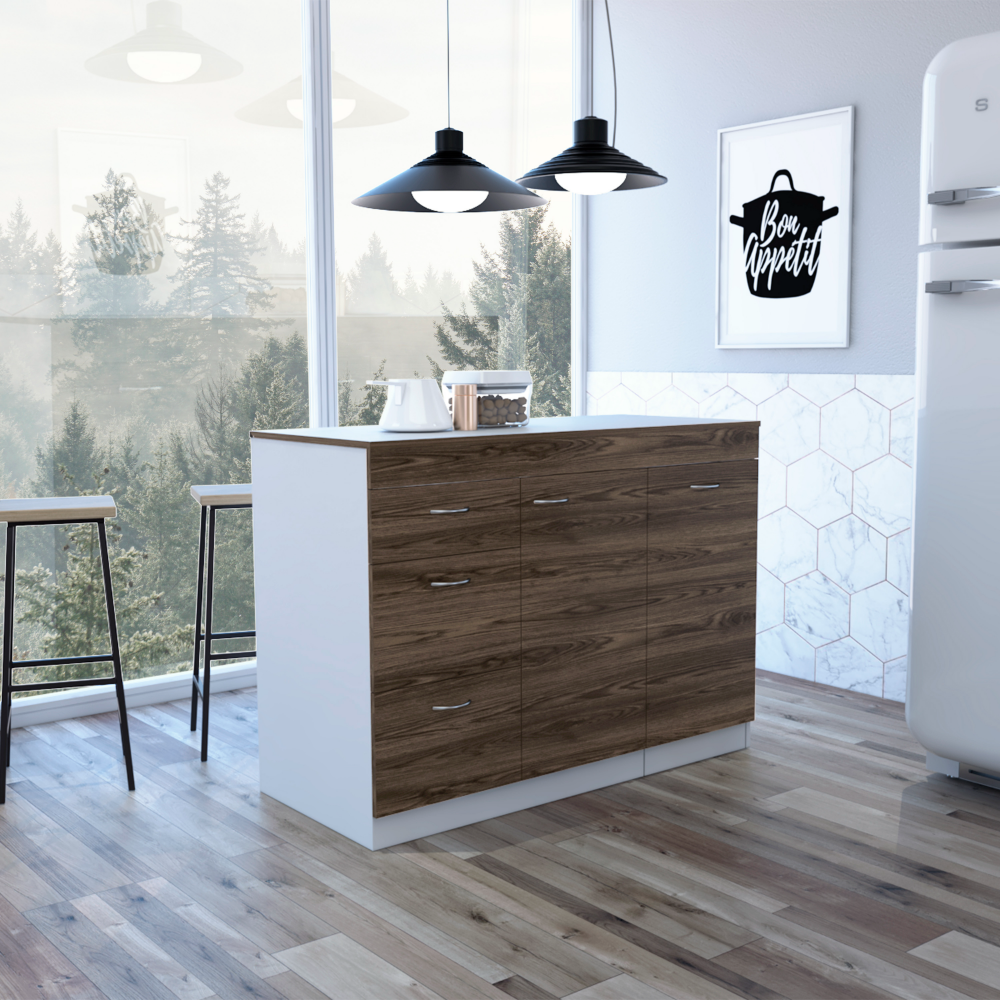 Modern Grecia Kitchen Base Cabinet with Three Drawers and Two Shelves - White & Dark Walnut